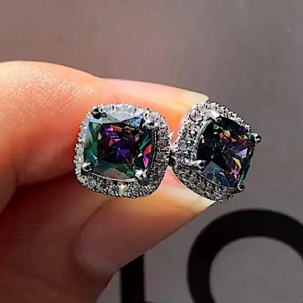Mystic Fire Topaz Stud Earrings, Square, Princess Cut - Picture 3 of 10